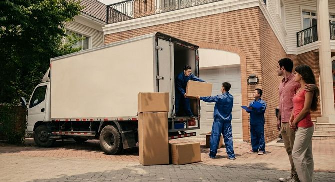 Traslocatori che caricano scatole di cartone su un camion bianco per traslochi fuori da una casa