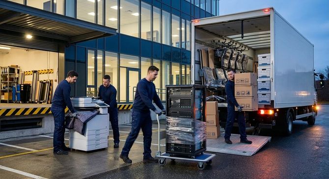 Al crepuscolo, alcuni operai scaricano casse da un camion di consegna presso la banchina di carico di un magazzino.