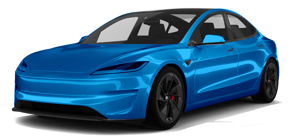 A blue tesla model y is shown on a white background.