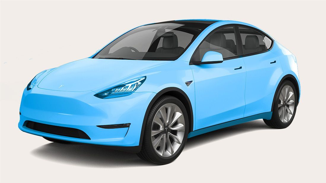 A blue tesla model y is shown on a white background.