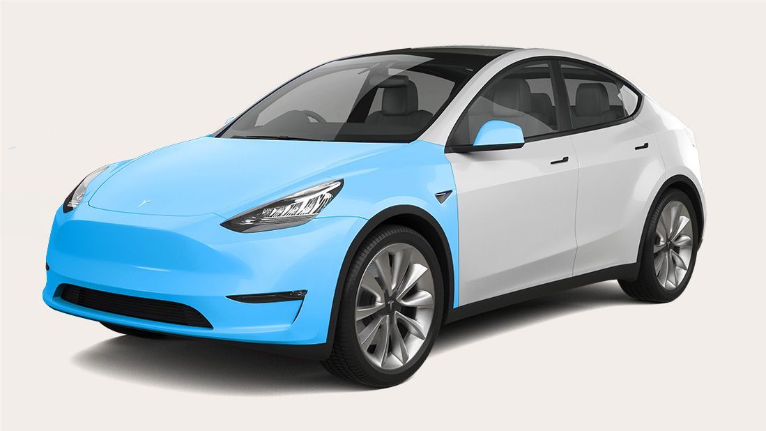 A white tesla model y with a blue front bumper.