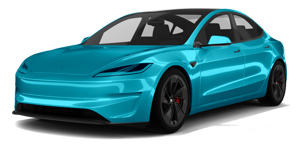 A blue tesla model y is shown on a white background.