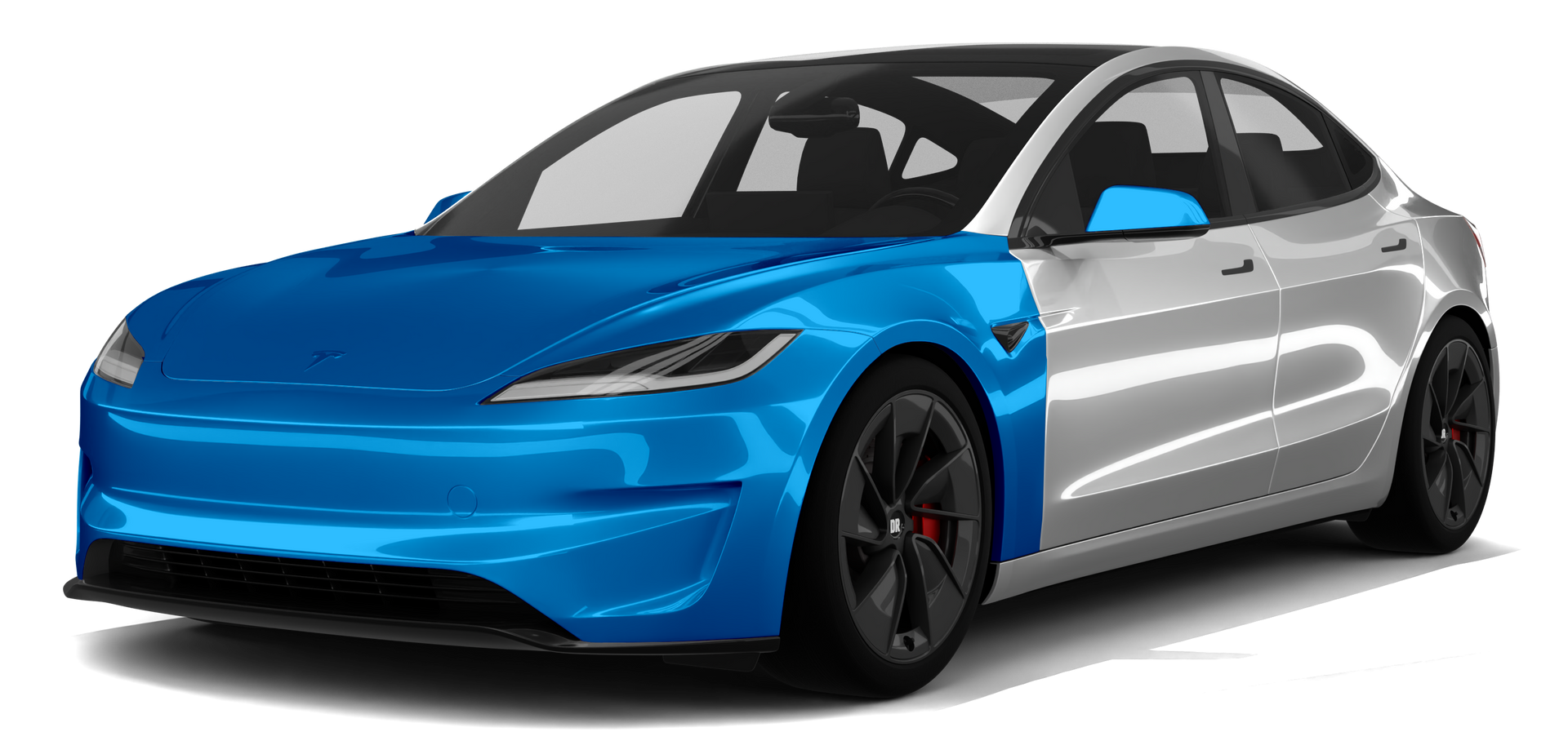 A white tesla model y with a blue front bumper.