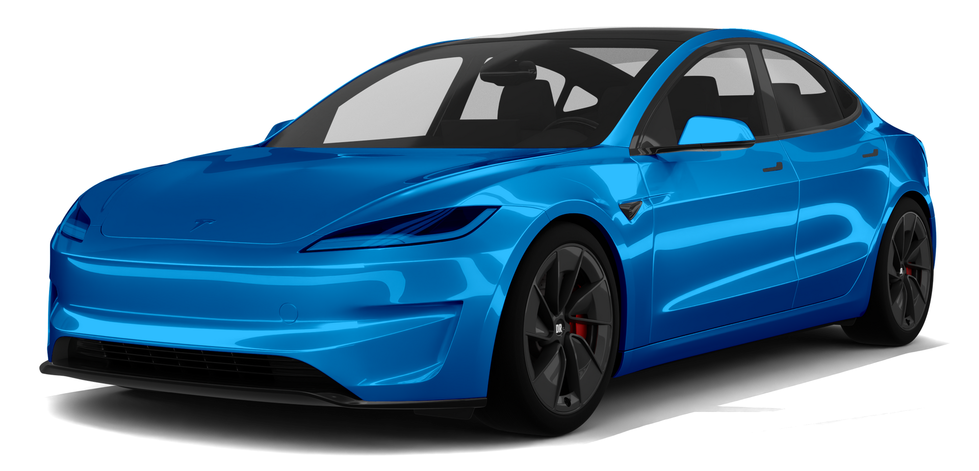 A blue tesla model y is shown on a white background.