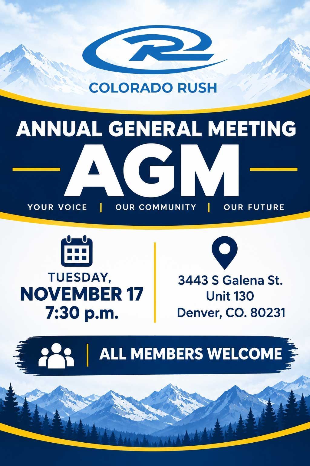 Colorado Rush annual general meeting AGM poster, Tuesday November 17 at 7:30 p.m., 3433 S Quebec St, Denver.