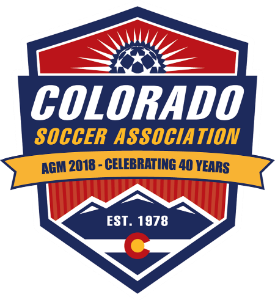 Colorado Soccer Association logo with red, white, and blue shield and banner reading “AGM 2018 - Celebrating 40 Years”