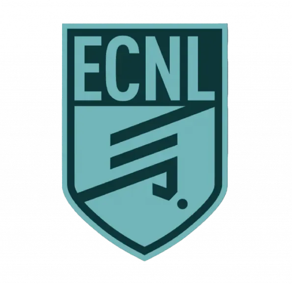 ECNL teal-and-black shield logo with stylized lettering and diagonal stripe