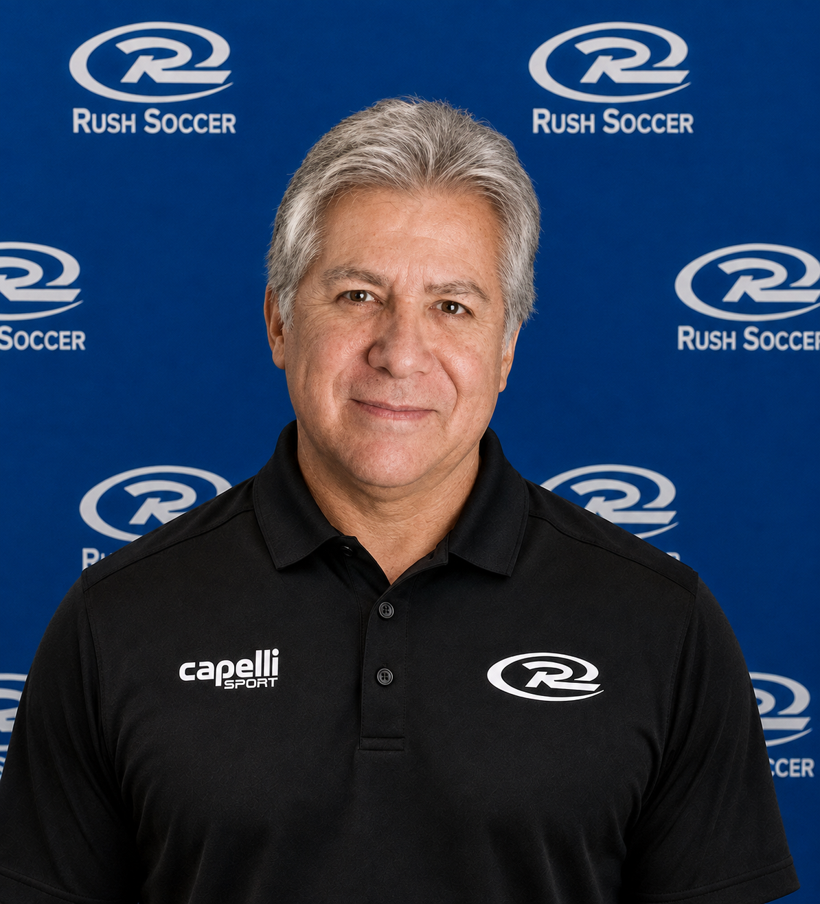 A silhouette of a person in front of a blue background with capelli sport logos