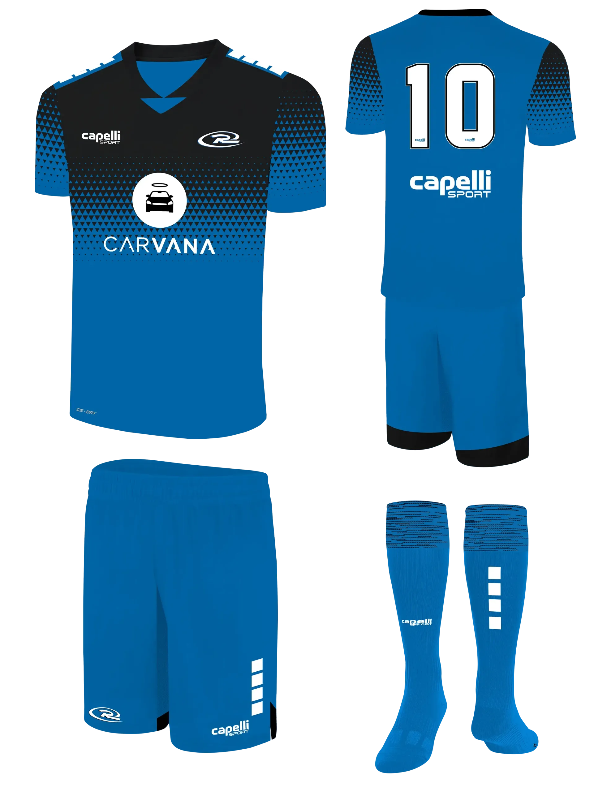A blue and black soccer uniform with the number 10 on the back