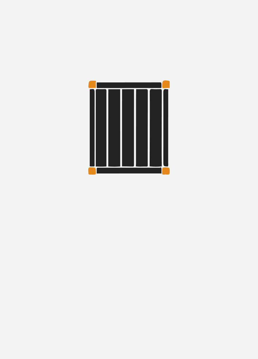 Small black rectangular grille with orange corner markers on a white background