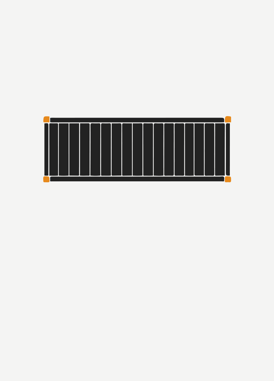 Blackiso container icon with white vertical lines and orange corner handles on a light gray background