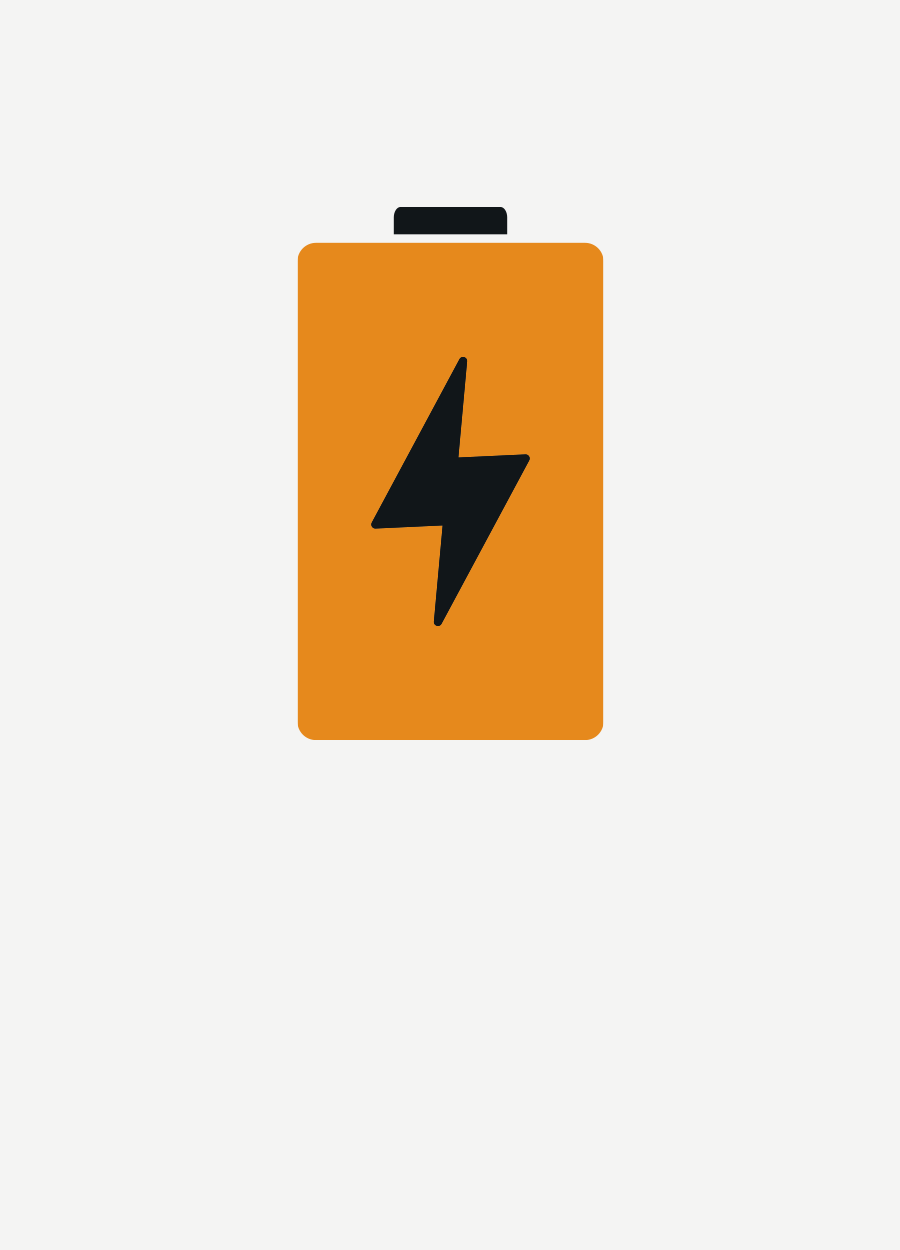 Orange battery icon with black lightning bolt, indicating charging or power.