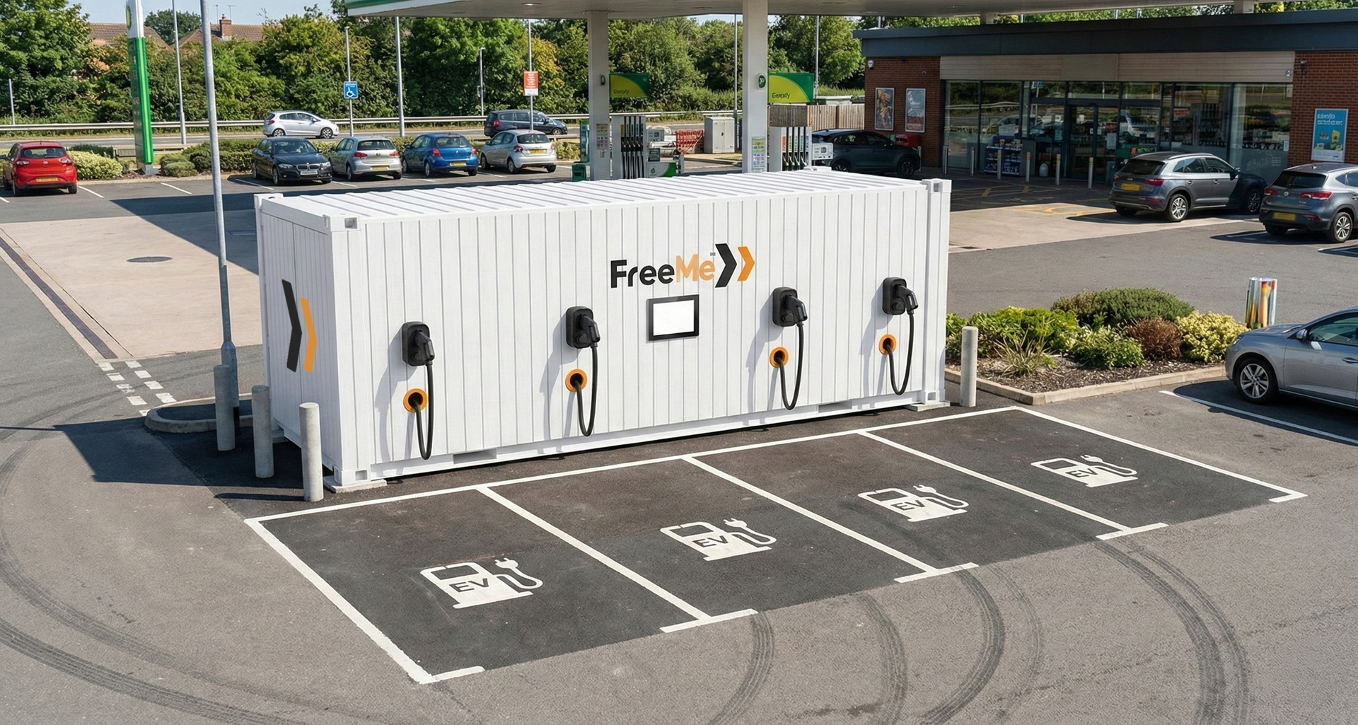 Parking lot with a large white FreeME ground work free EV modular charging container and several marked EV spaces