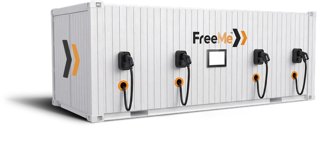 White FreeME EVcharging container with multiple black EV charging stations and orange cables on a plain background