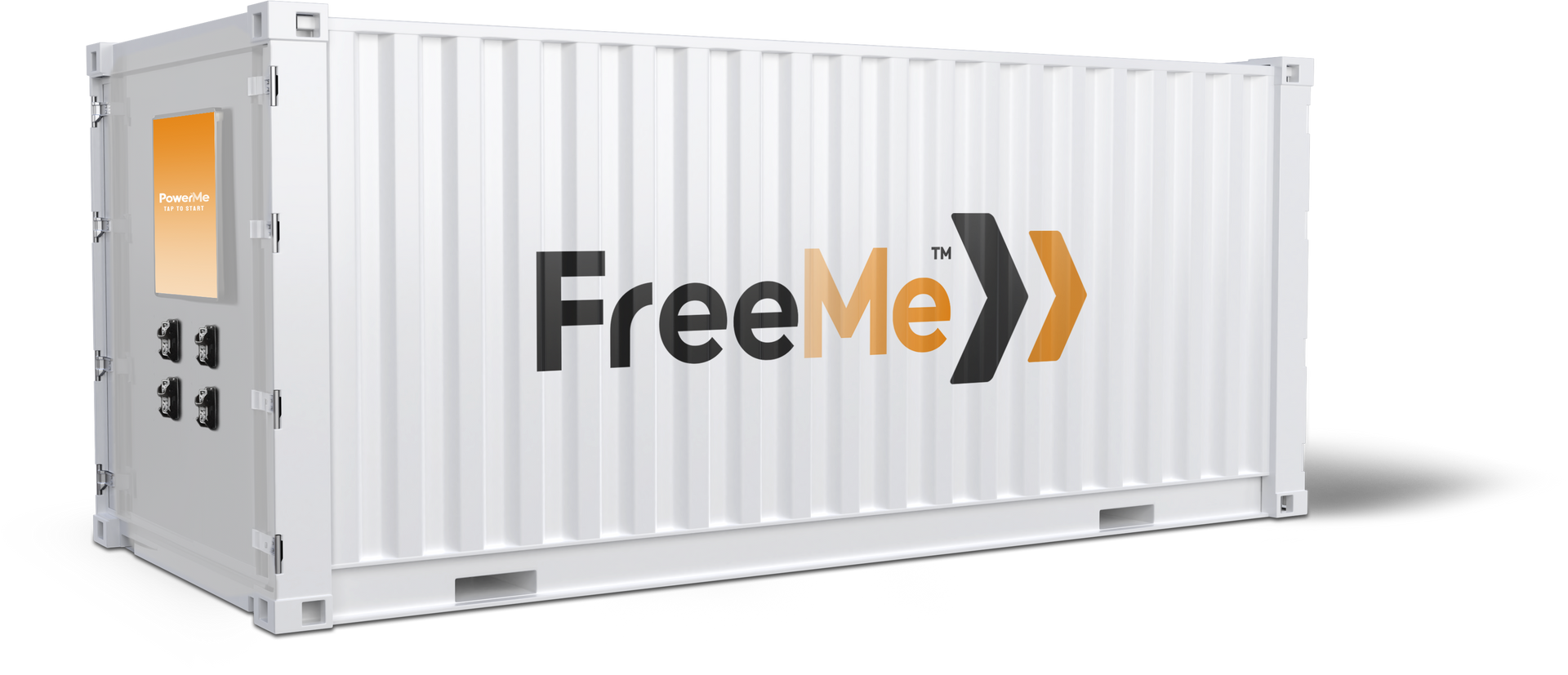 White shipping container with a side door and “FreeMe” logo
