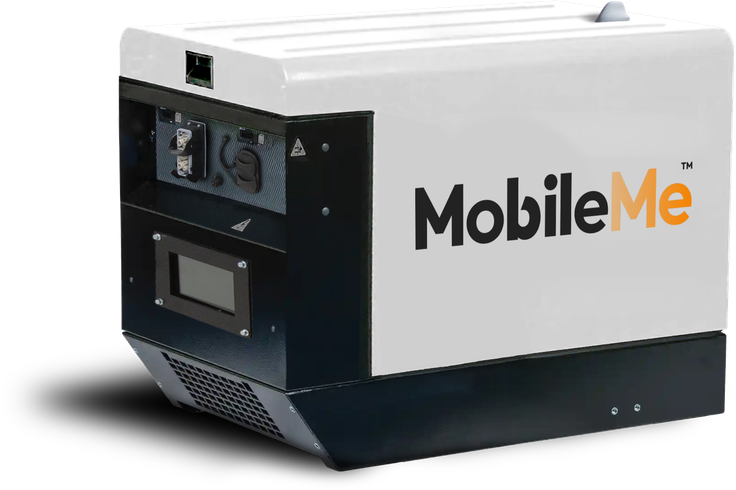 White and black MobileMe mobile ev charger with visible ports and vents on a plain background