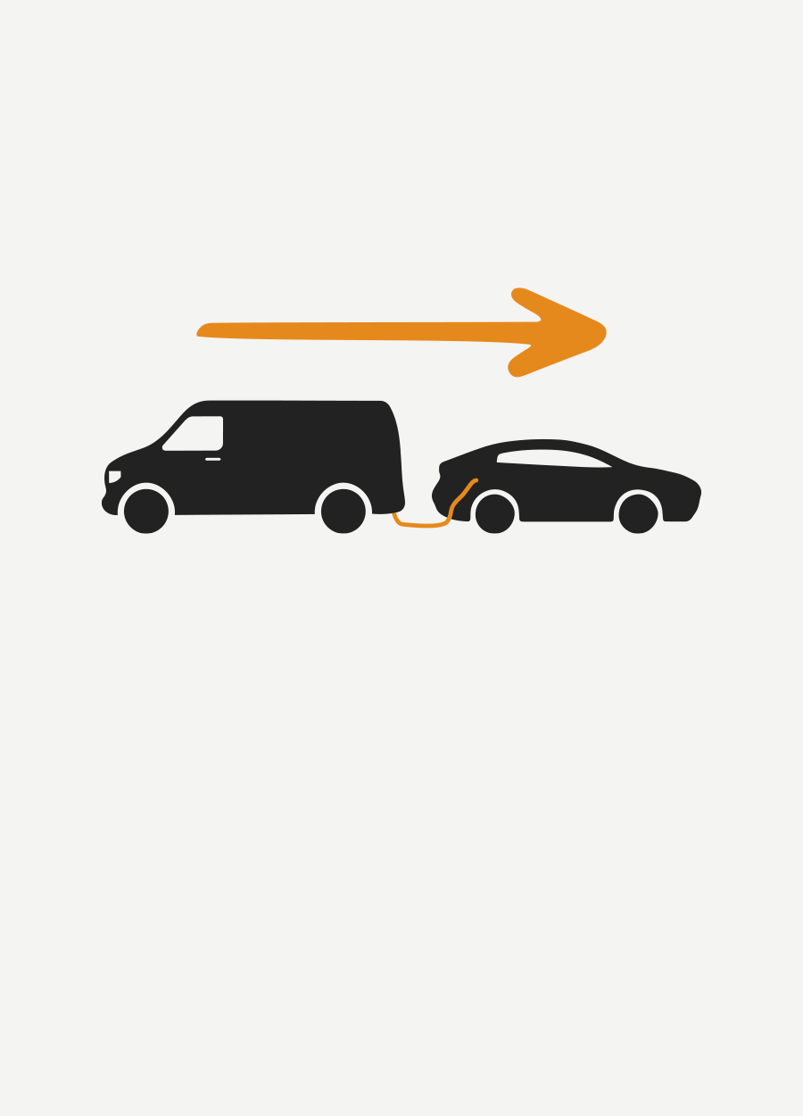 Black truck and black car with orange arrow pointing right above them