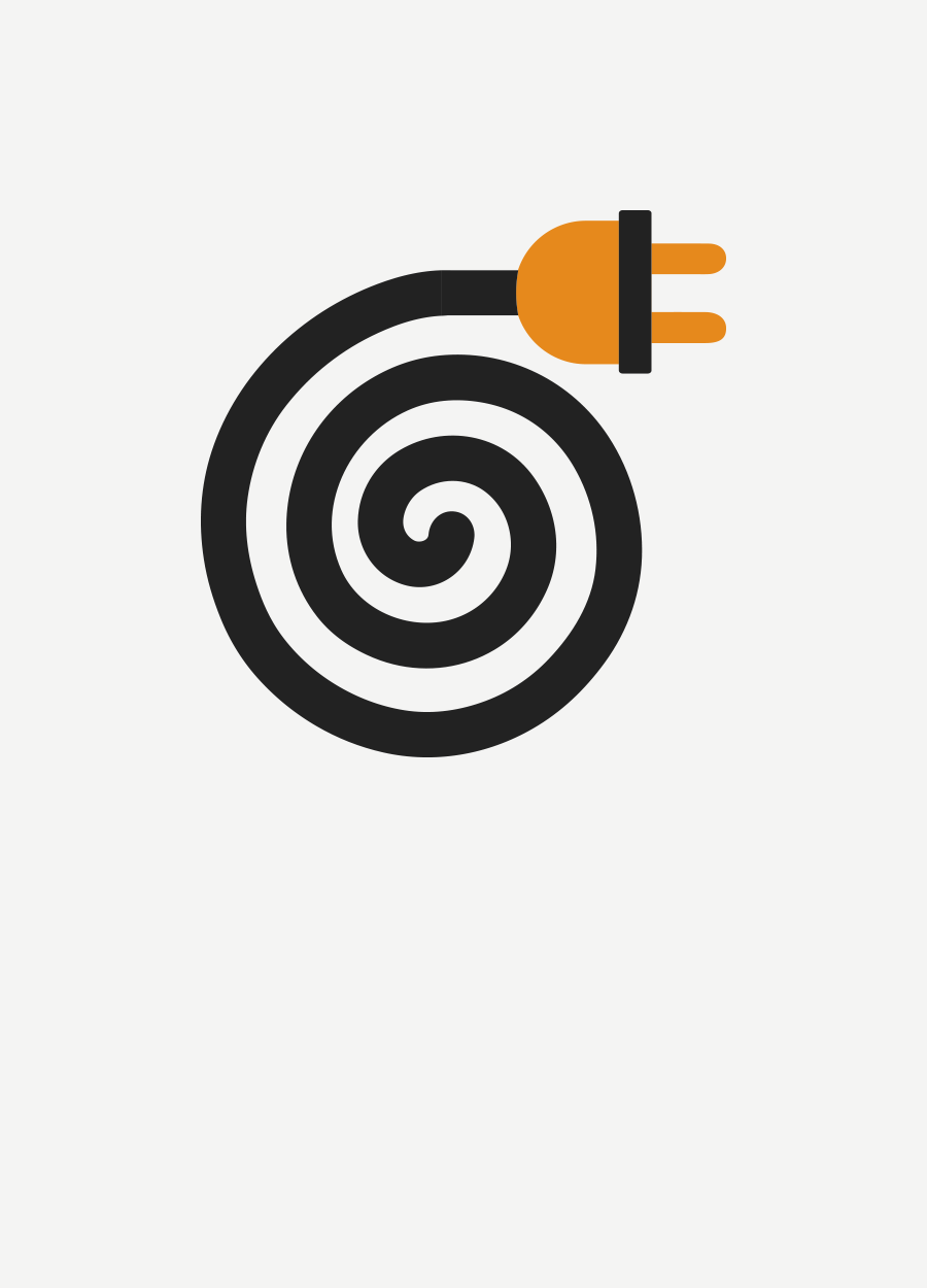 Black spiral electric coil with orange plug on a light background