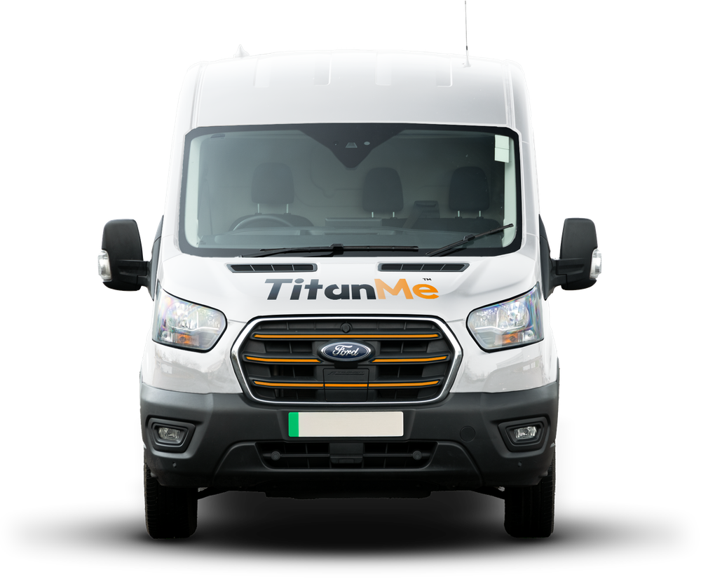 Front view of a white Ford Transit EV charging van with TitanMe branding on a plain background