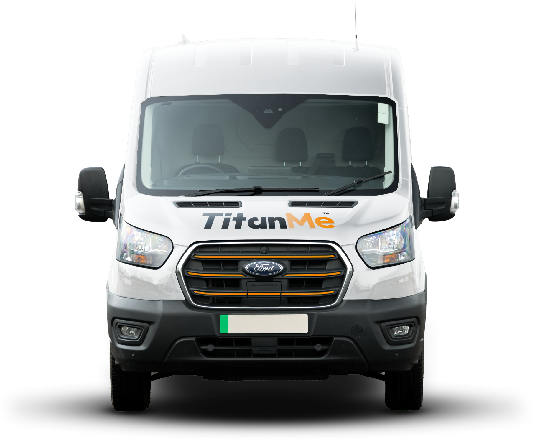Front view of a white Ford van with TitanMe branding and orange-black grille accents.