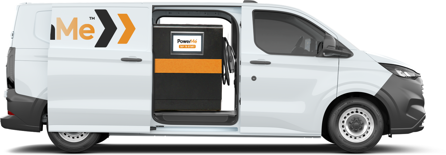 White delivery van with sliding side door open, showing a parcel locker inside and “Me>>” logo on the side