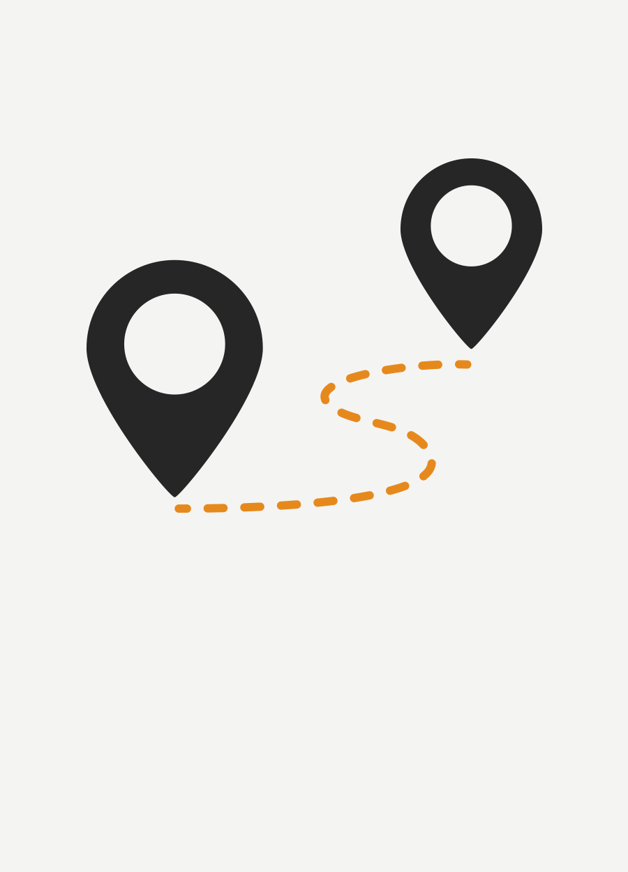 Two black map pins connected by an orange dashed route on a white background