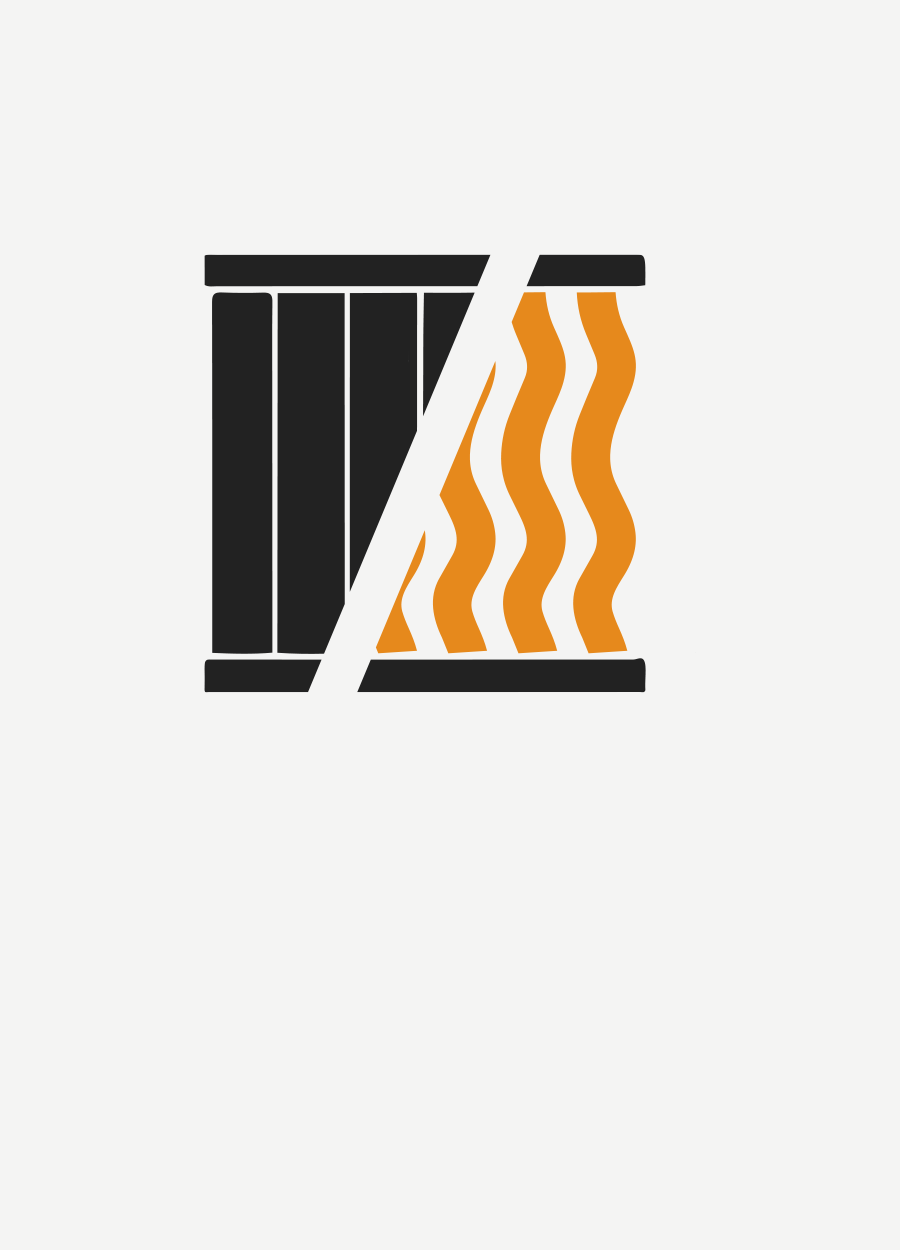 Stylized black and orange emblem with vertical bars and wavy lines separated by a diagonal slash