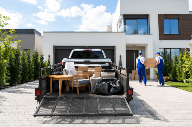 Junk removal crew carrying a box beside a pickup truck and trailer loaded with furniture, boxes, and trash bags.