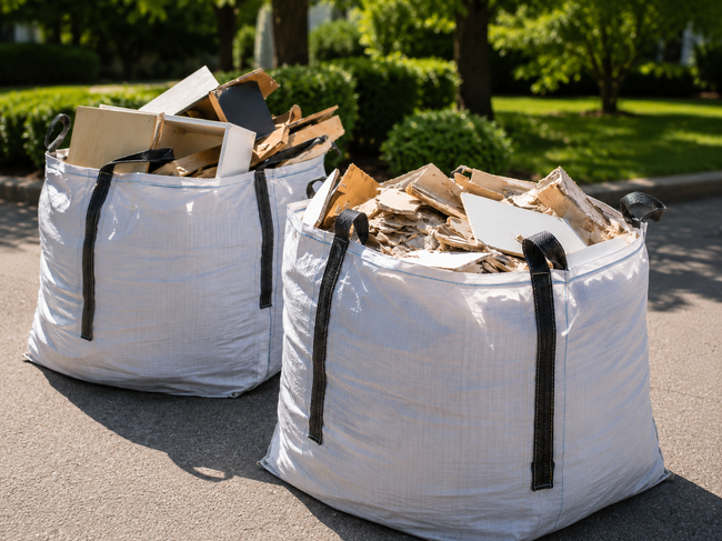 Two large white debris bags filled with broken wood and construction materials.