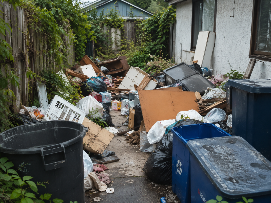 Piles of trash, broken furniture, bags, and bins cluttering a narrow residential alley.