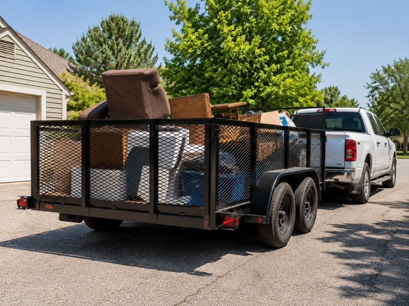 White pickup truck pulling a utility trailer loaded with old furniture and household junk.