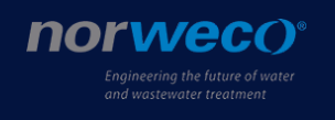Norweco logo with tagline “Engineering the future of water and wastewater treatment” on a blue background