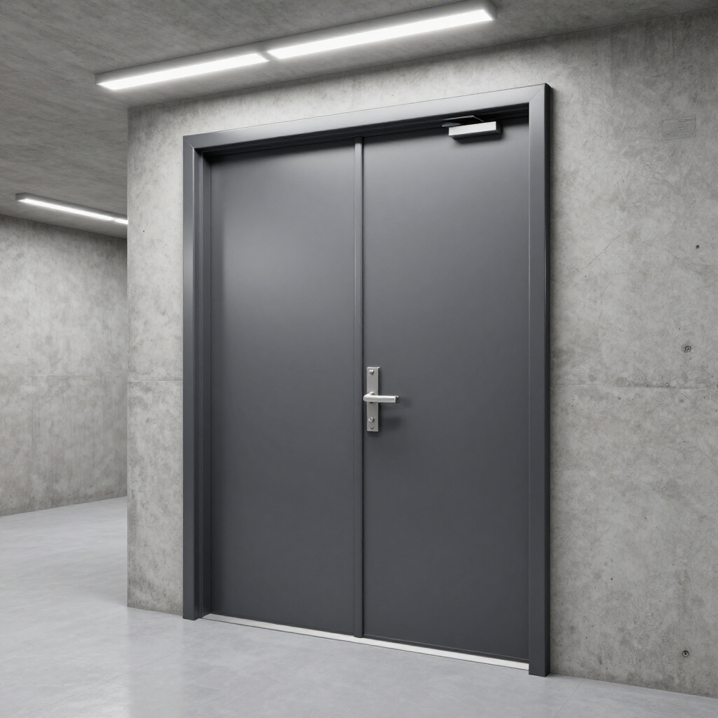 Porta tagliafuoco in metallo installata in un corridoio tecnico.