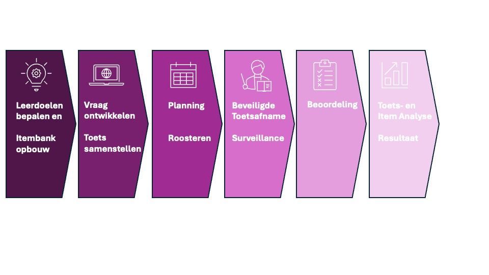 Een proces in zes stappen, weergegeven als paarse stappen. De stappen zijn: idee, vraag, planning, technische voorbereiding, opname en analyse.