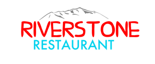 The riverstone restaurant logo is red and blue with a mountain in the background.