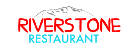 The riverstone restaurant logo is red and blue with a mountain in the background.