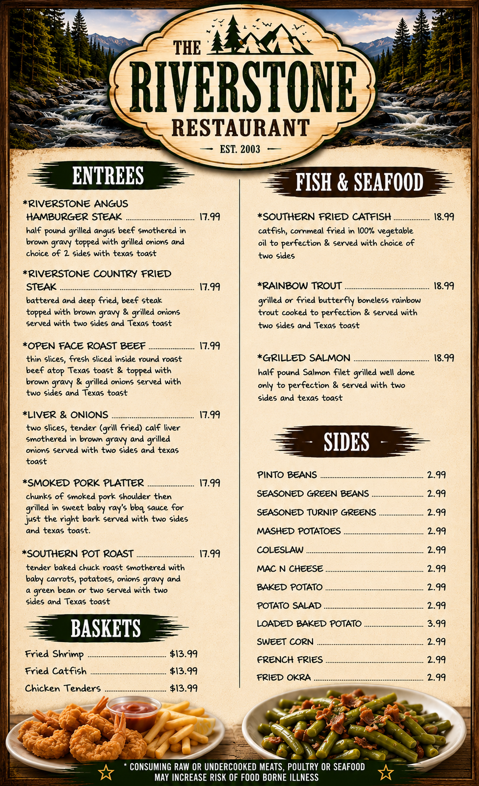 A menu for a restaurant with a lot of food on it.