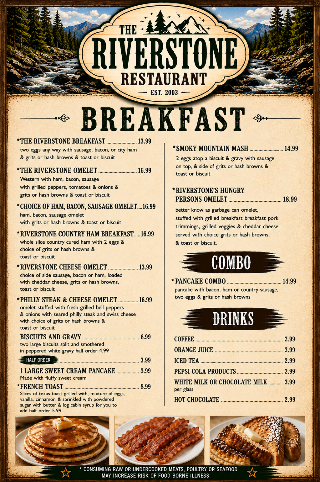 A menu for a restaurant called the riverstone restaurant