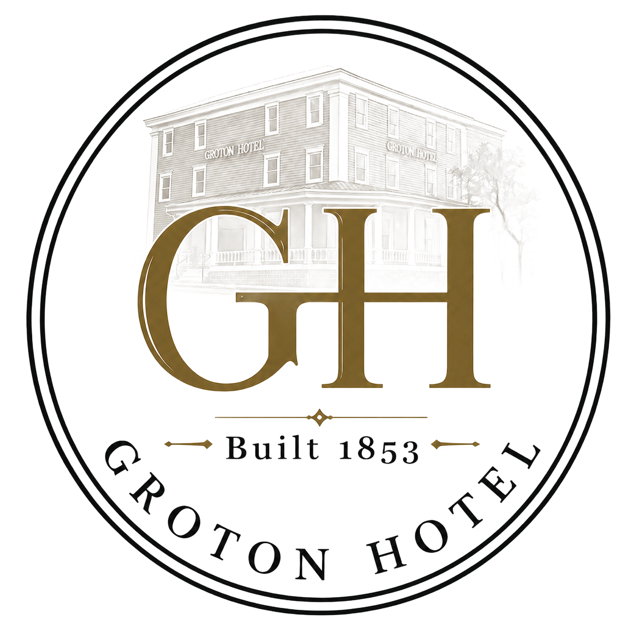 Groton Hotel logo with gold GH monogram, &ldquo;Built 1853,&rdquo; and circular hotel name text