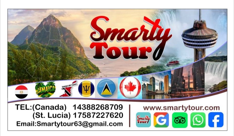 A business card for smarty tour shows a waterfall and mountains