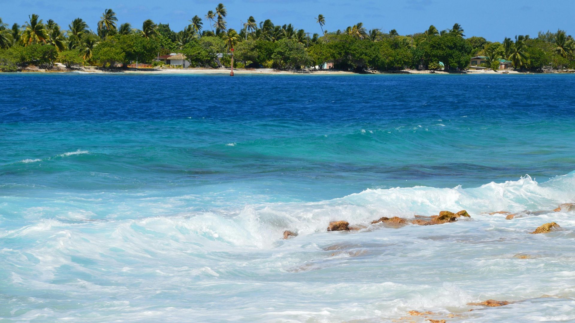 Tropical beach with turquoise water, white surf, and palm trees along the shore
