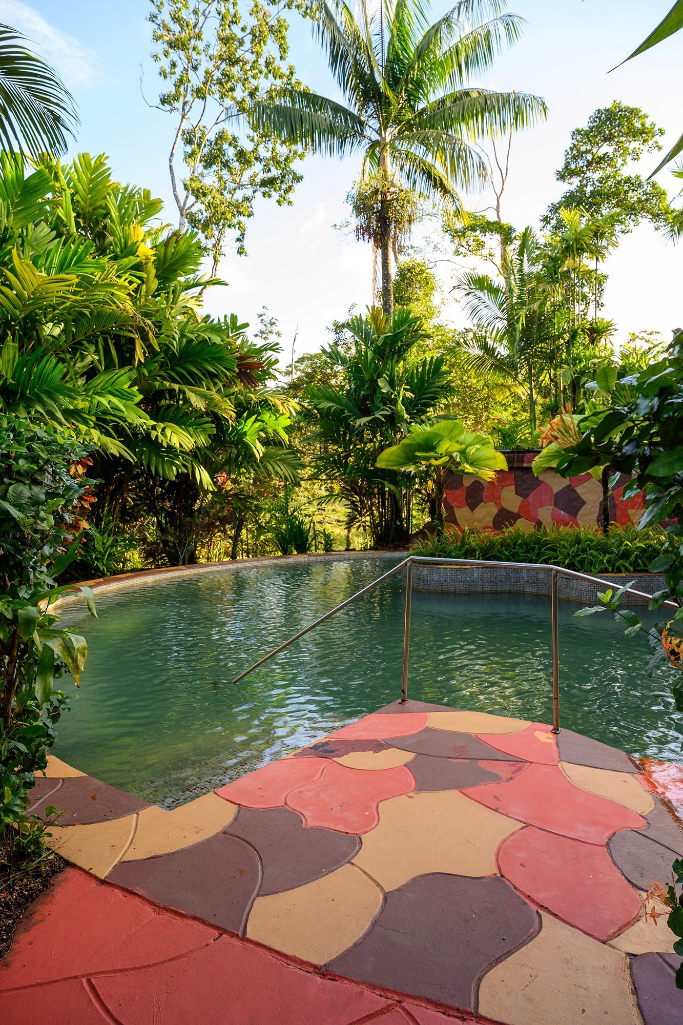 Pool surrounded by lush greenery and colorful patterned concrete.