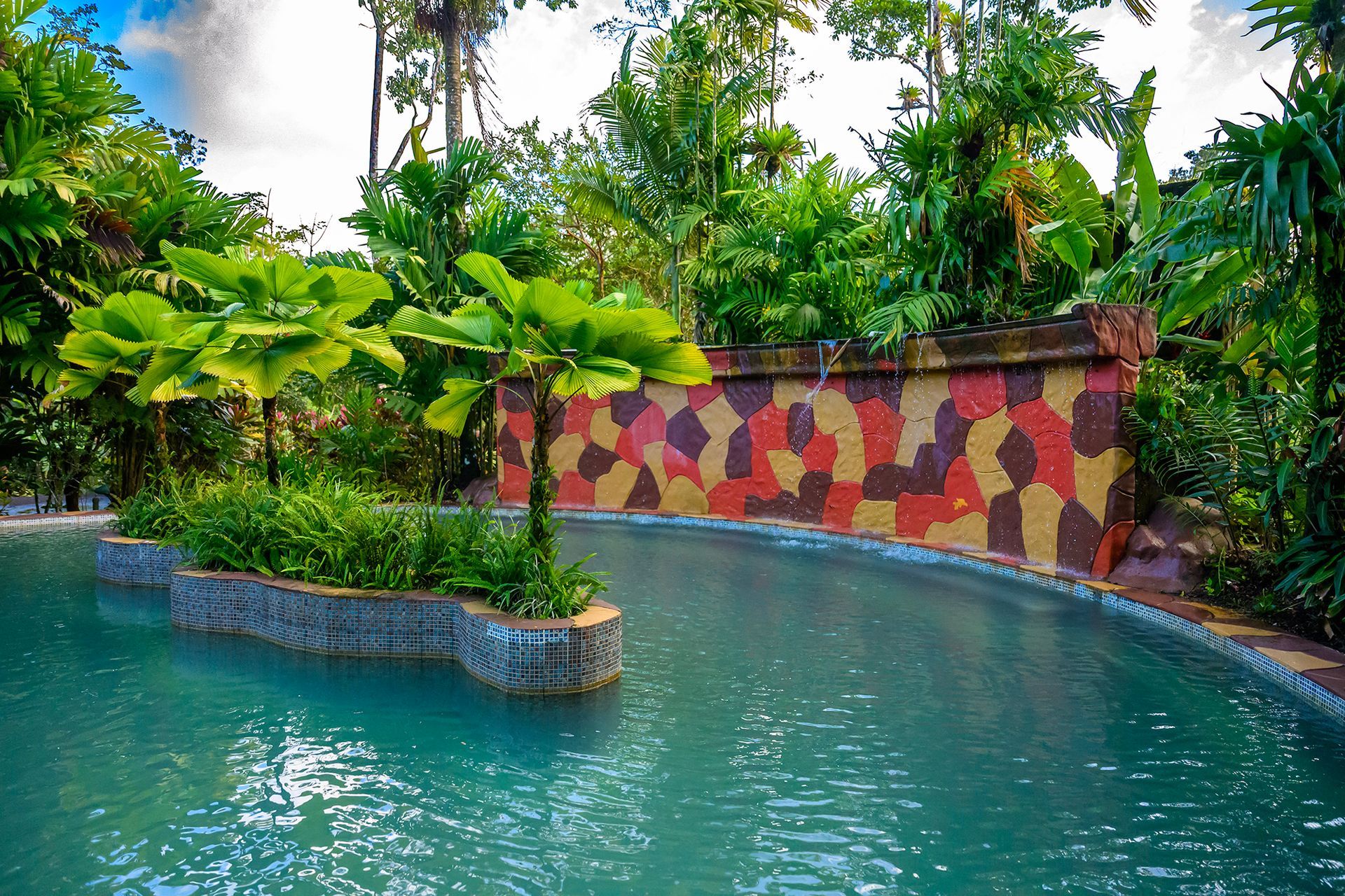 Pool with island of plants in front of a colorful wall; lush greenery surrounds.