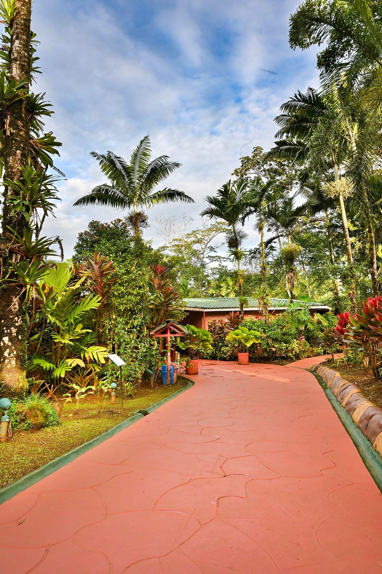 Red path leads to a wooden building, surrounded by lush green tropical foliage under a cloudy sky.