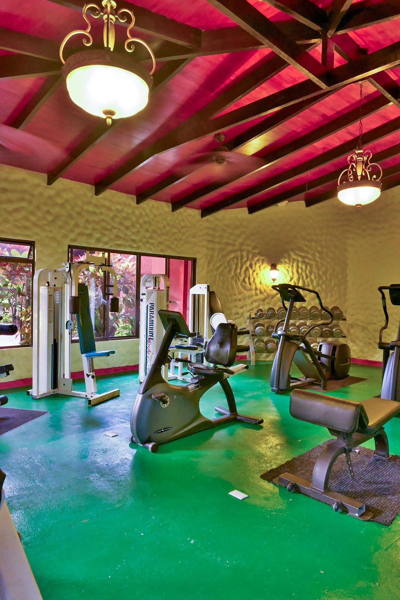 Gym interior with exercise machines, green floor, red ceiling, and natural light.