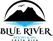 Blue River Resort & Spa logo: black mountains, blue water, arched frame, birds, text.
