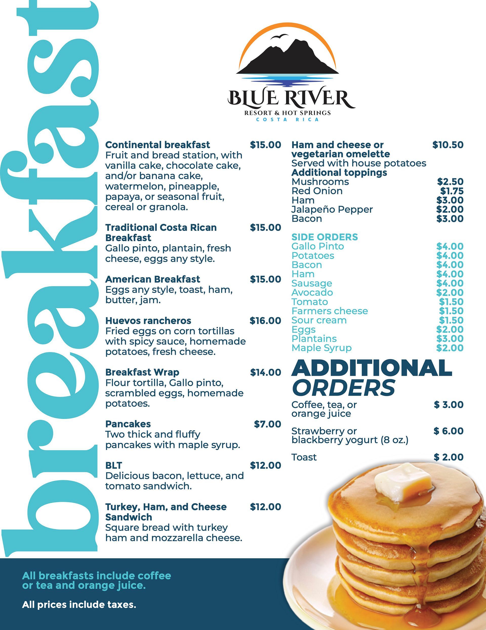 Breakfast menu from Blue River, featuring food items and prices, with a stack of pancakes.
