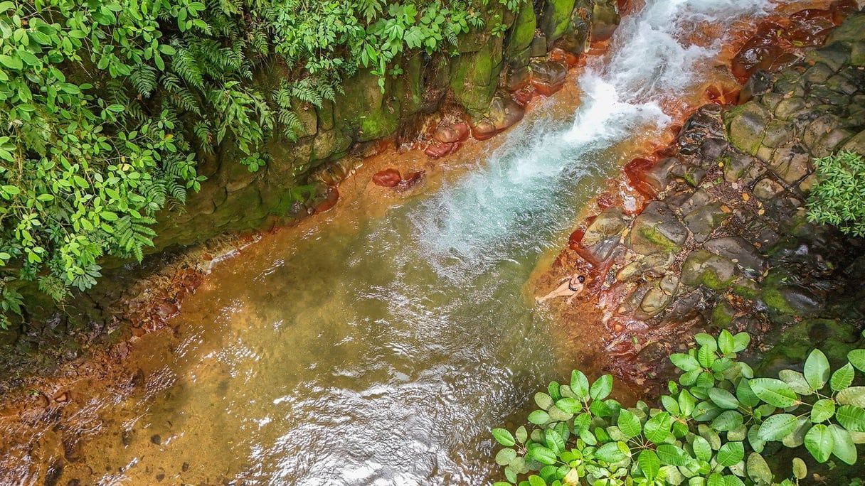 Waterfall cascading into a river with lush green foliage on either side and reddish-brown rocks.