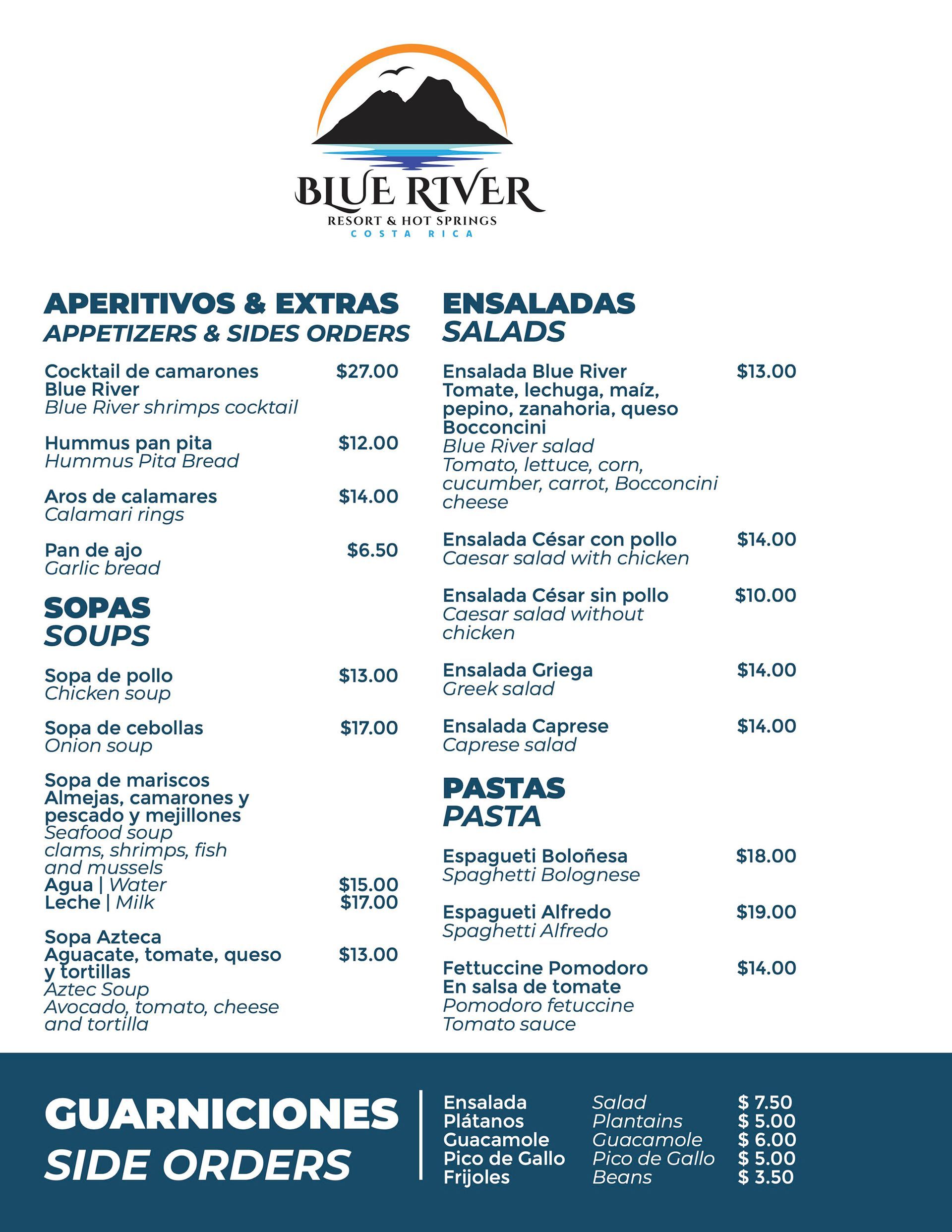 Menu for Blue River restaurant listing appetizers, soups, salads, pasta, and side orders.