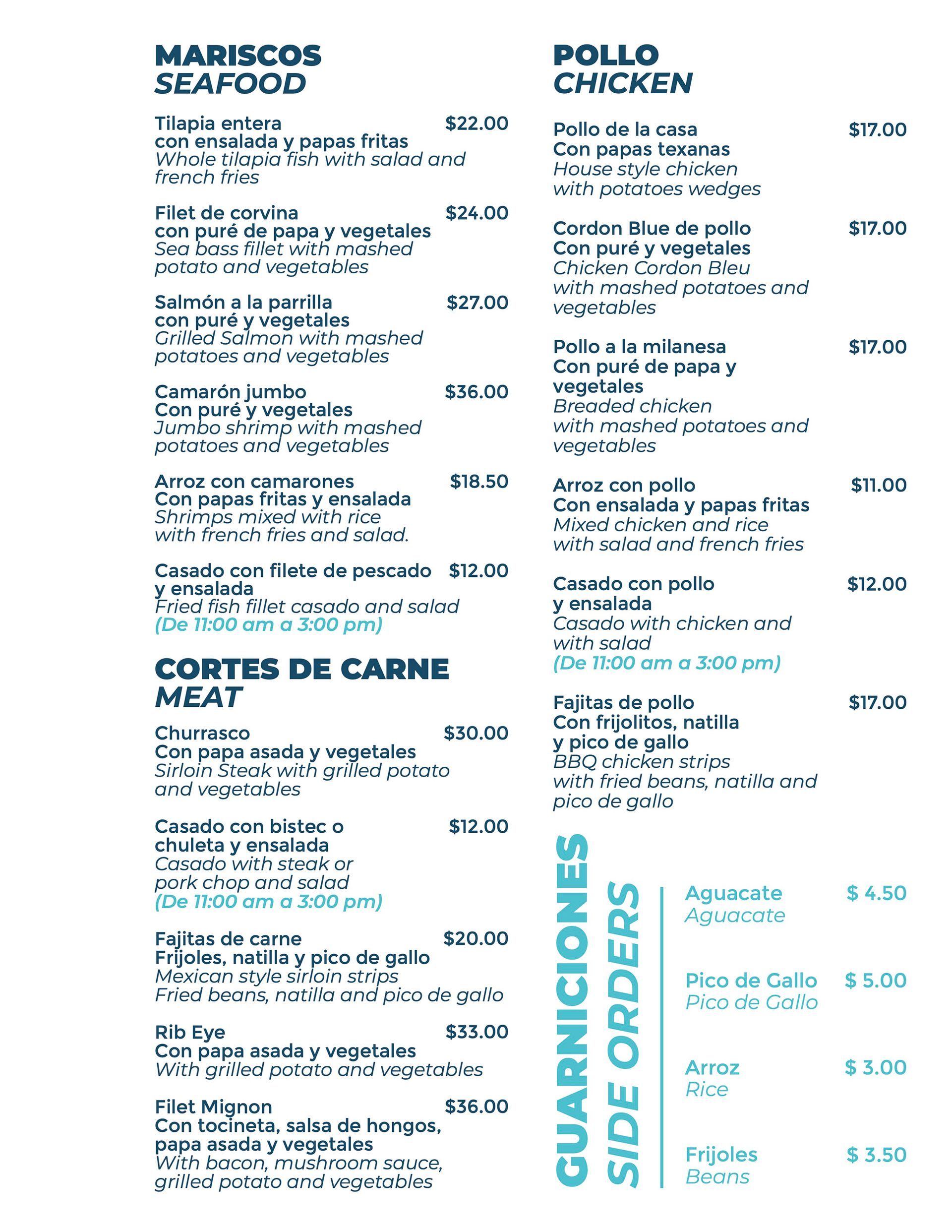 Menu with Seafood, Chicken, Meat, and Side Orders. Text is in Spanish.